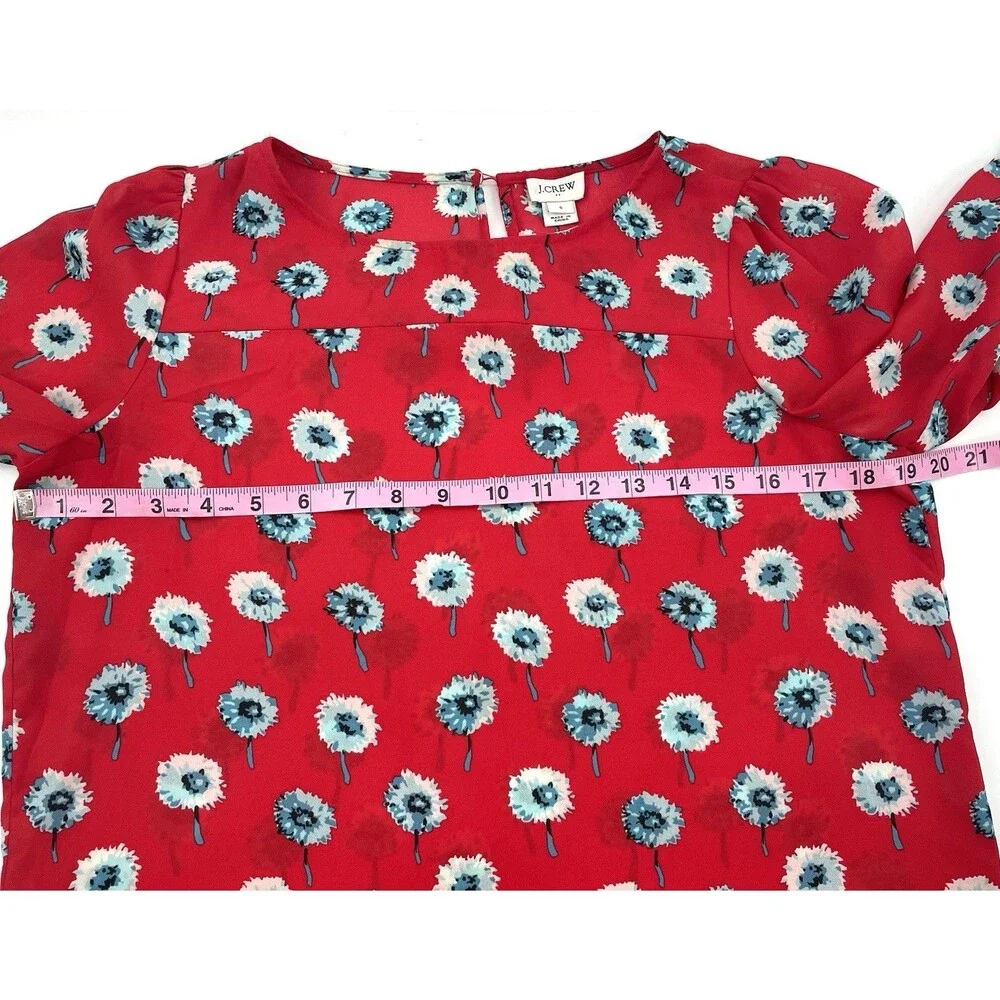 J.Crew Women’s Small Red Floral Blouse Blue Dandelion Print Puff Sleeve Top